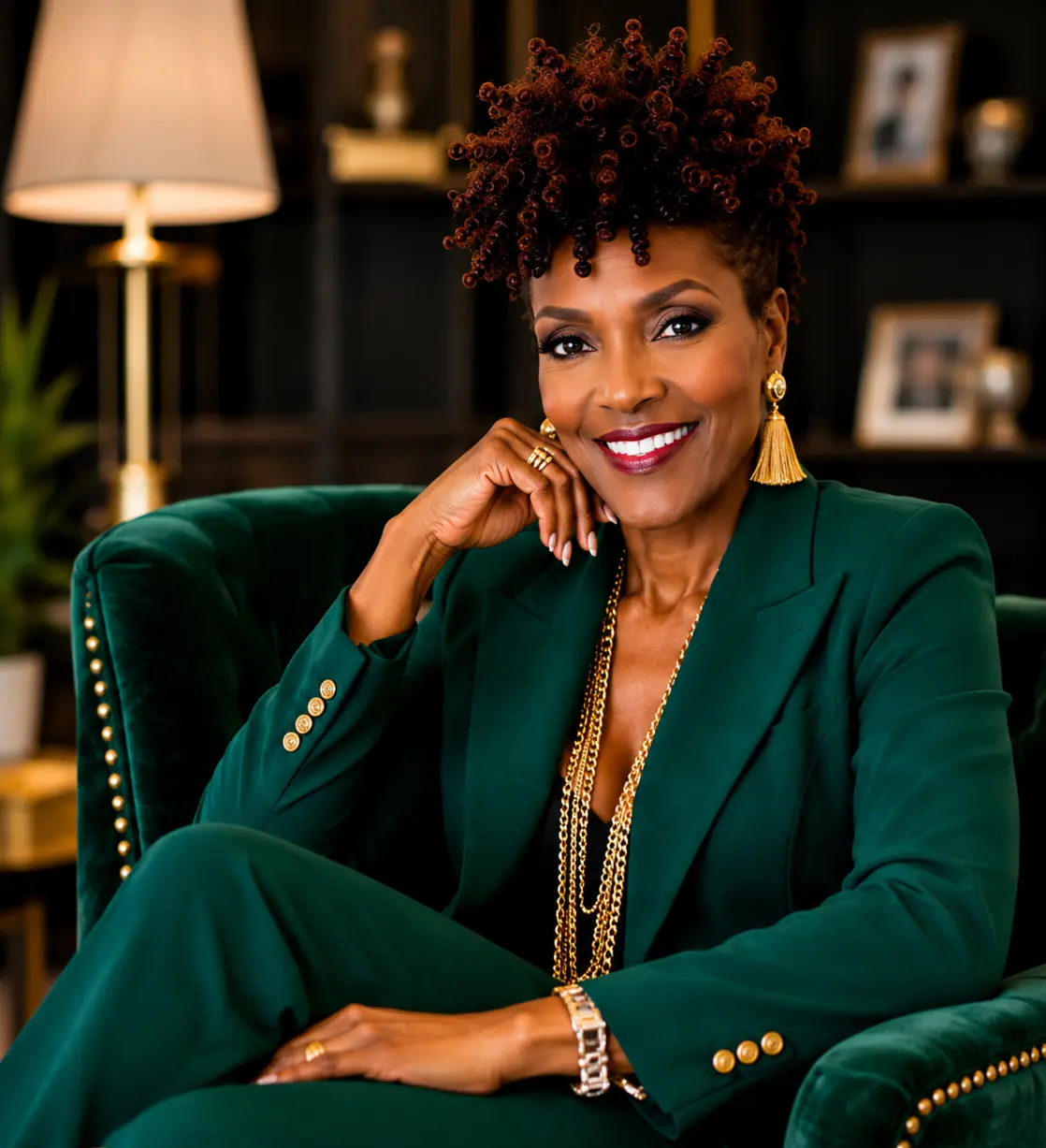 Martha Cooper-Hudson seated in a green velvet chair wearing an emerald suit