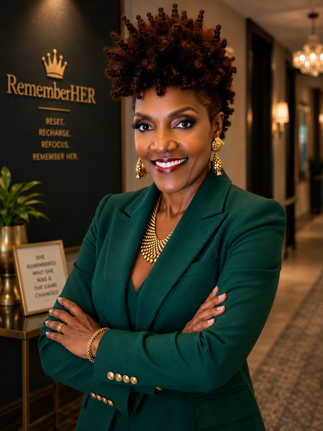 Martha Cooper-Hudson smiling in a dark green three-piece suit with gold jewellery, arms crossed, beside the RememberHER sign